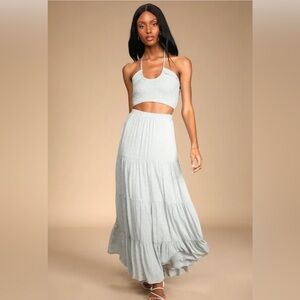Lulus - My Perfect Day Blue and White Print Tiered Two-Piece Maxi Dress